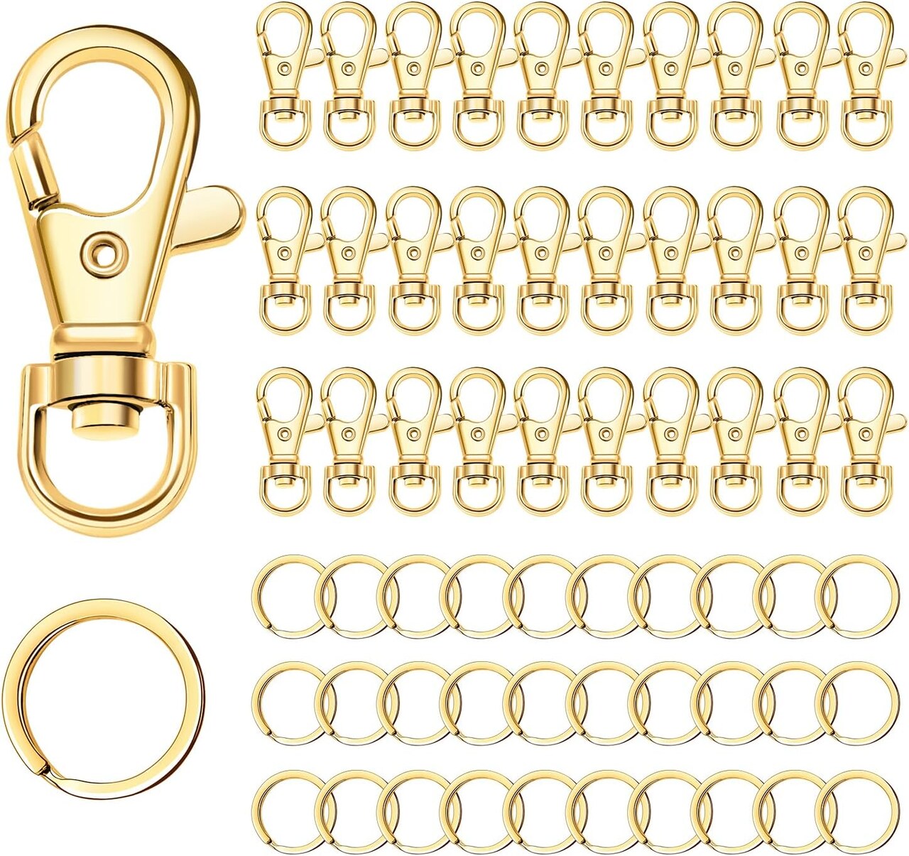 60-Piece Keychain Making Kit (Gold) – Includes 30 metal swivel snap hooks with key rings, 30 lobster claw clasps, and 30 flat key rings for keychain accessories and crafts.